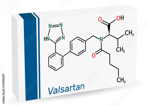 Valsartan molecule. It is used to treat high blood pressure, heart failure. Paper packaging for drugs