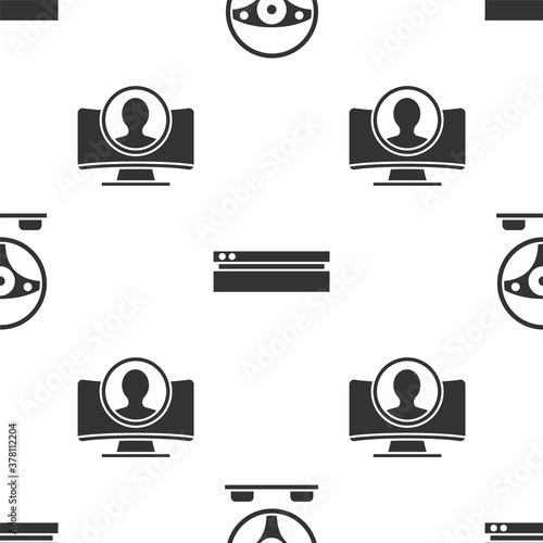 Set Racing simulator cockpit, Video game console and Create account screen on seamless pattern. Vector.