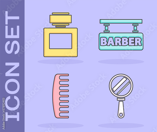 Set Hand mirror, Aftershave, Hairbrush and Barbershop icon. Vector.