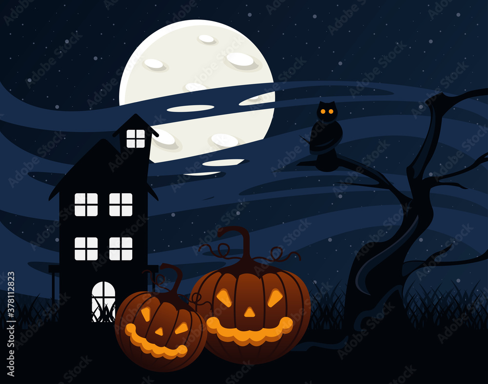 Fototapeta premium happy halloween celebration card with haunted house and pumpkins