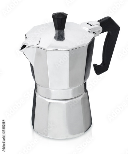 Geyser coffee maker, metal coffee maker isolated on white background