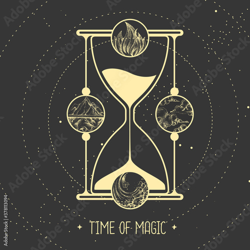 Modern witchcraft magic card with hourglass and four elements. Vector illustration
