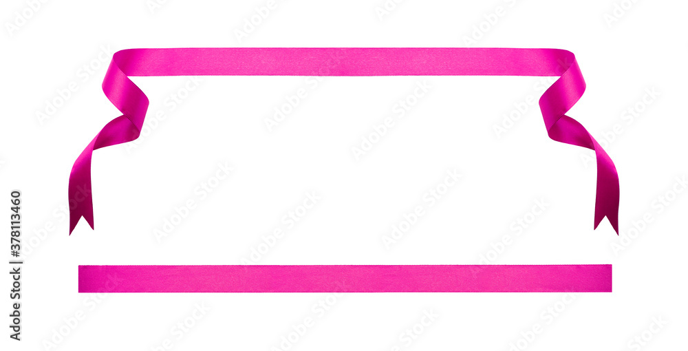 A curly pink ribbon Christmas and birthday present banner set isolated against a white background. A curly pink ribbon Christmas and birthday present banner set isolated against a white background.