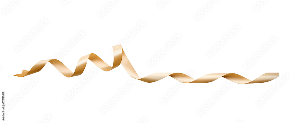 A curly gold ribbon for Christmas and birthday present banner isolated against a white background.