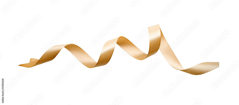 A curly gold ribbon for Christmas and birthday present banner isolated against a white background.
