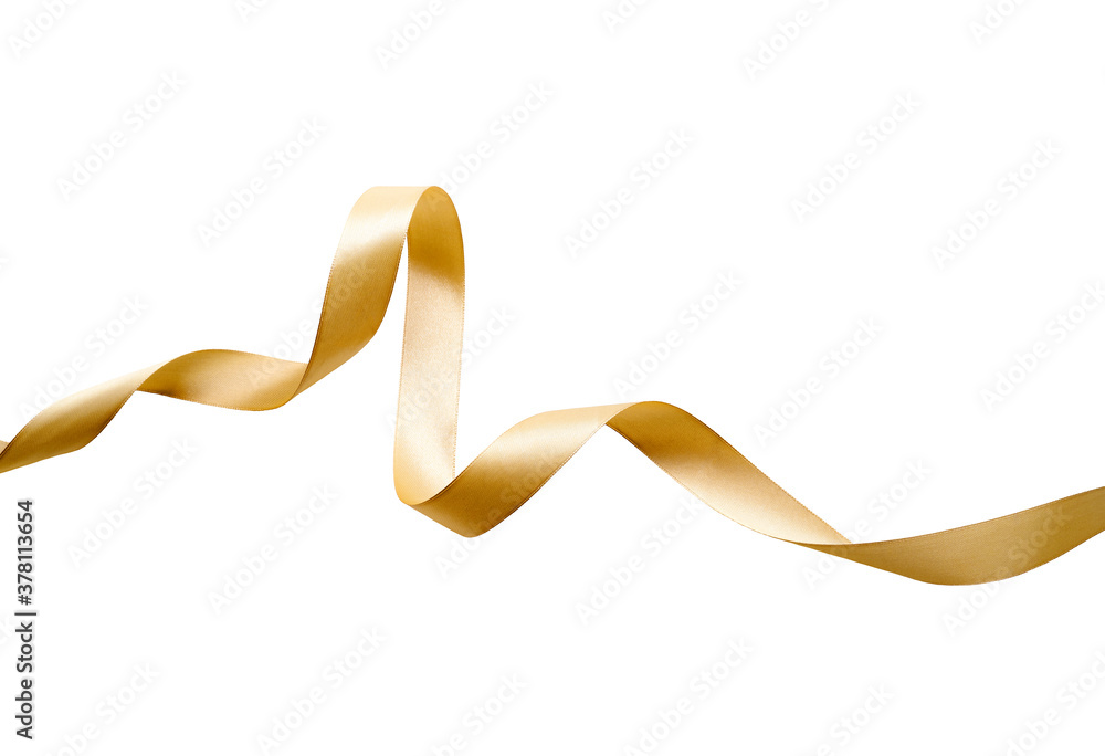 A curly gold ribbon for Christmas and birthday present banner isolated against a white background.