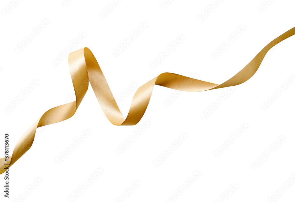 A curly gold ribbon for Christmas and birthday present banner isolated against a white background.
