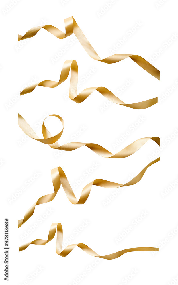 A collection of curly gold ribbon Christmas and birthday present banner set isolated against a white background.