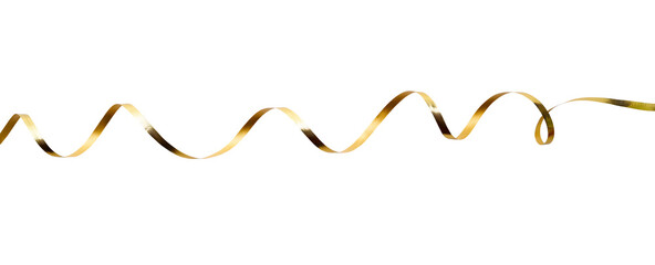A thin curly gold ribbon for Christmas and birthday present banner isolated against a white background.
