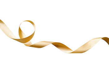 A curly gold ribbon for Christmas and birthday present banner isolated against a white background.