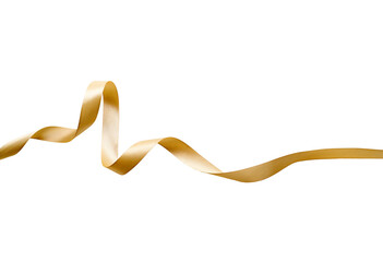 A curly gold ribbon for Christmas and birthday present banner isolated against a white background.
