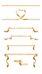 A collection of curly gold ribbon Christmas and birthday present banner set isolated against a white background.