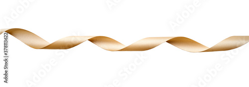 A curly twisted gold ribbon for Christmas and birthday present banner isolated against a white background.