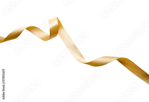 A curly gold ribbon for Christmas and birthday present banner isolated against a white background. photo