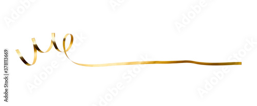 A thin curly gold ribbon for Christmas and birthday present banner isolated against a white background.