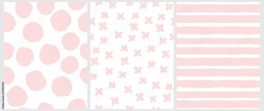 Cute Pastel Color Geometric Seamless Vector Patterns. Pink Hand Drawn Polka Dots, Crosses and Vertical Stripes on a White Background. Lovely Infantile Irregular Doodle Print. 