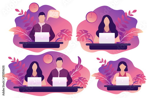 People working at a laptop. The concept of freelance or remote work. Work from home or anywhere in the world. Trend flat vector illustration