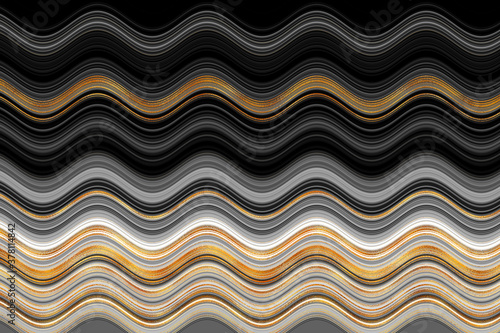 Wavy black gray and white with gold stripes. Horizontal curvy lines. Digital illustration