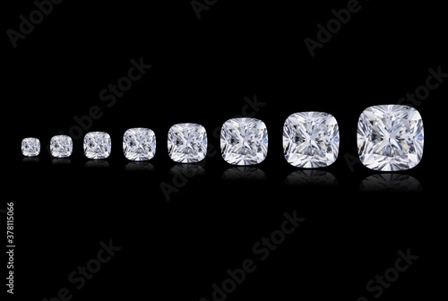 Small to Big Cushion Cut Diamond in Black Background with Reflection