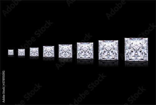Small to Big Princess Cut Diamond in Black Background with Reflection