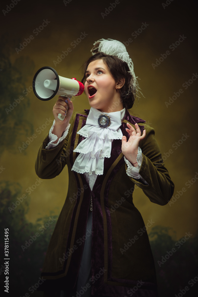 Shouting for sales. Modern trendy look, portrait of renaissance period