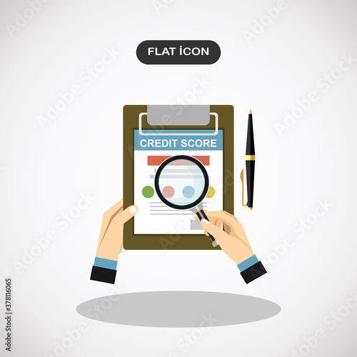 person hands with clipboard credit score and magnifier glass. Concept personal credit score information. Vector illustration in flat style.
