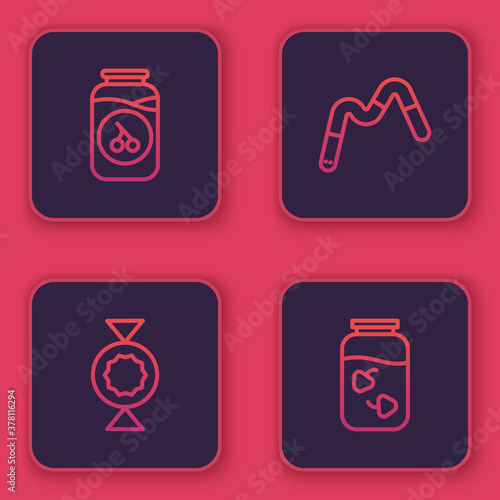 Set line Cherry jam jar, Candy, Jelly worms candy and Strawberry. Blue square button. Vector.