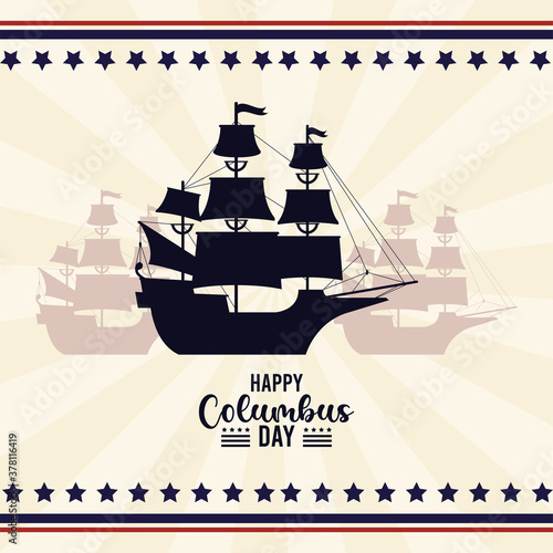 happy columbus day celebration with sailboats shadows