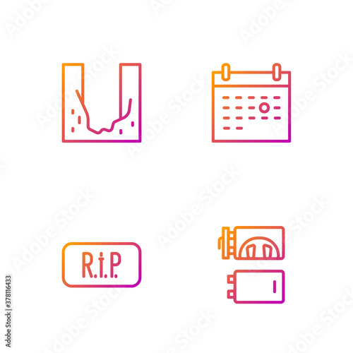 Set line Crematorium, Speech bubble rip death, Cemetery digged grave hole and Calendar. Gradient color icons. Vector.