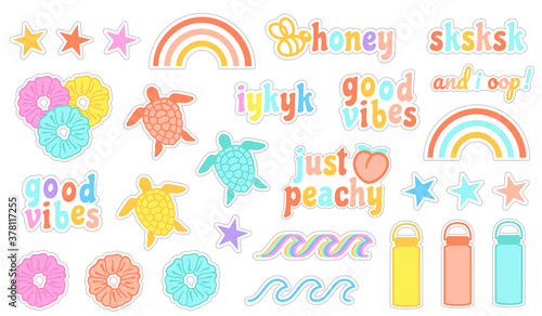 Teenage stickers pack. VSCO Girls style 
 stickers collection. Sea turtle, scrunchie, rainbow, stars, wave, good vibes stickers pack. Vector. photo