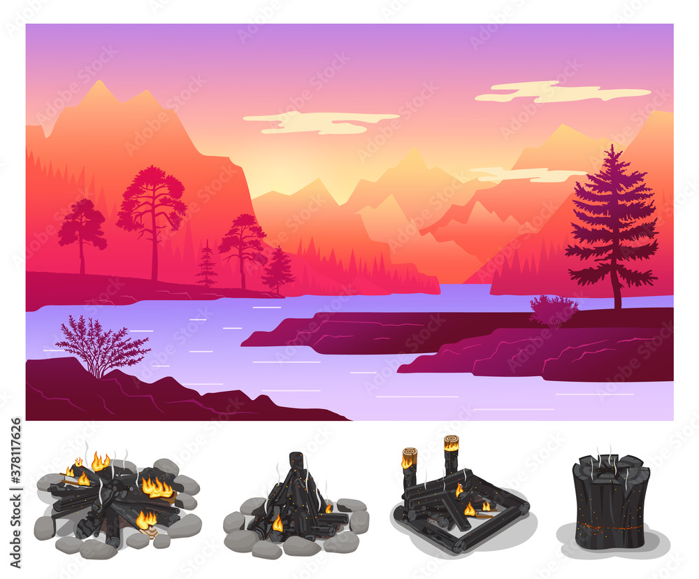 Abstract nature landscape. Mountain and forest fire. Campfire set ...