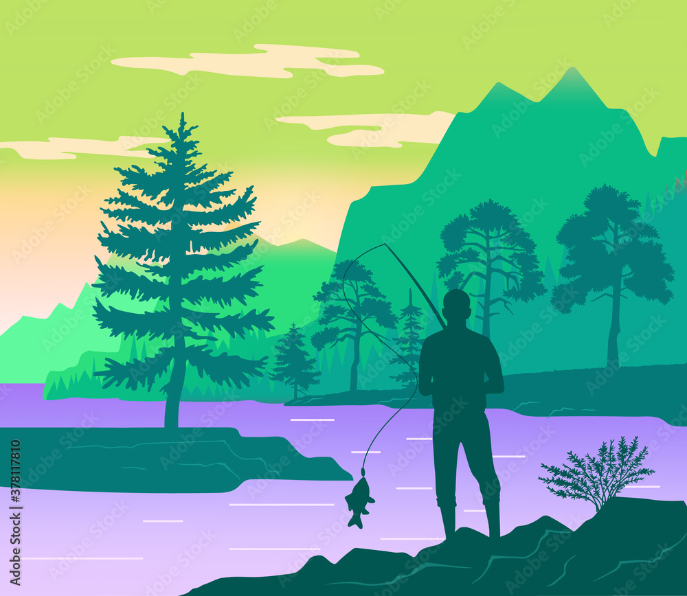 Fisherman with a fishing rod on the shore of a forest river. Silhouette of a man standing on coast. Person holding fishing rod in his hands on the background of reservoir at the foot of the mountain