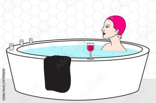Woman taking a bath with wine glass and candles. Relaxing at home concept. Flat vector illustration