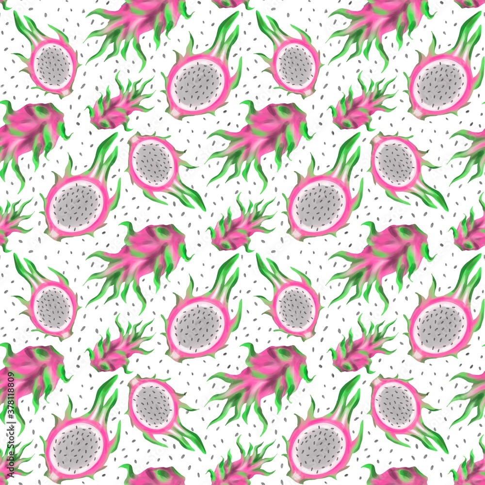 Fototapeta premium Watercolor set of Pitahaya (dragon fruit) and slice cut with seeds on isolated white background.Hand painted.May be used as food illustration for menu of tropical cocktails recipe and exotic desserts