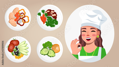 Set of cook pictures. Image of gourmet food. Young woman cook shows ok sign. Master class about cooking delicious food. Cooking online, blogging. Blogger, streamer, model. Flat vector illustartion