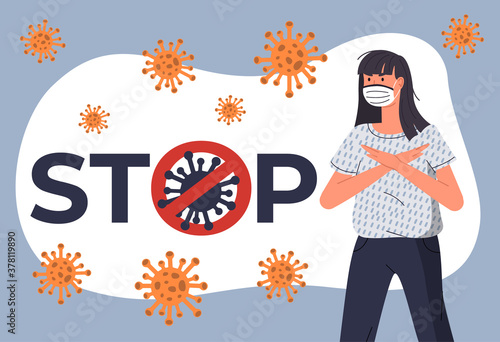 Wooman in protective medical face mask. Female protesting against the spread of viral diseases. Concept of coronavirus quarantine. Girl wearing white mask at background of flying virus and stop sign