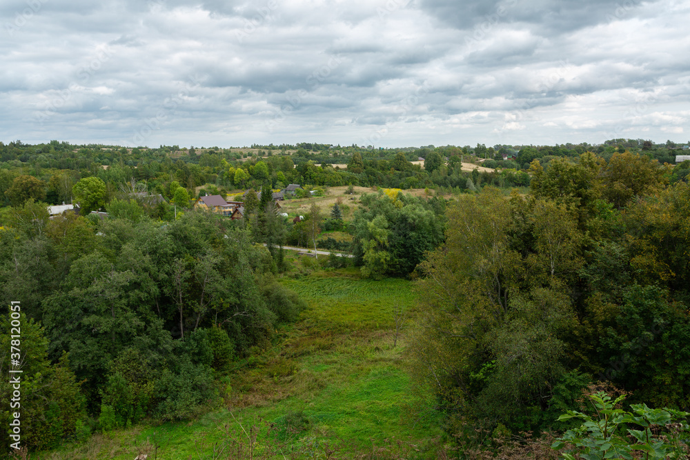 Panoramic view on the village of Izborsk, Pskov region, Russia.