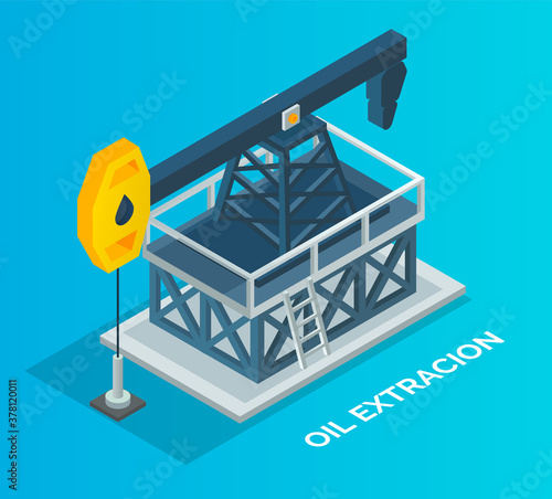 Oil industry, working pump jack. Isometric industrial equipment. Oil extraction. Industrial crude petroleum. Fuel industry. Derrick, pumping unit. Reciprocating piston pump in oil well