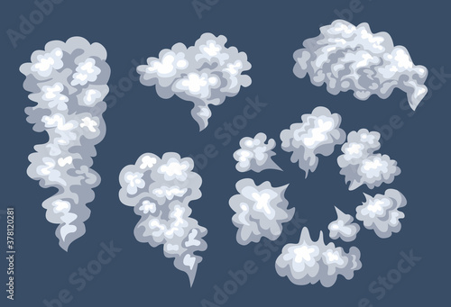 Smoke set. Dust clouds isolated. Explosion. Vector cartoon flat illustration.