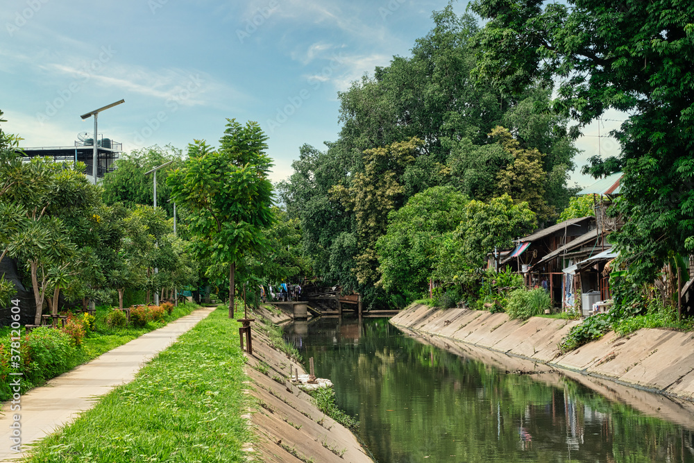 The peaceful canals and side walkways with trees The peaceful canals and side walkways with trees