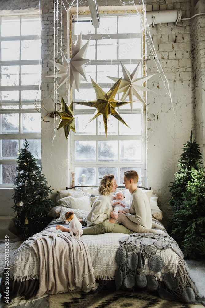 Young women and a man hold a newborn in their arms in the room near the Christmas tree. Family with a newborn and a dog on the bed in a Christmas interior.