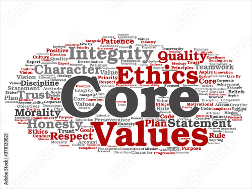 Vector conceptual core values integrity ethics abstract concept word cloud isolated background. Collage of honesty quality trust, statement, character, important perseverance, respect trustworthy text