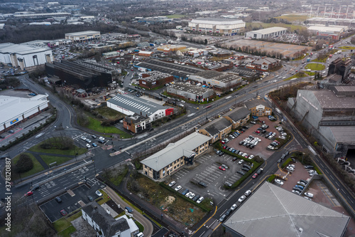 Aerial view Sheffield showing the arena, cineworld, forgemasters, smyths and other commercial buildings