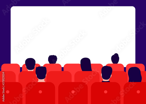 People watching movie in cinema, rear view. Men and women sit in red chairs and watch movies. Watching film on big screen. Vector illustration