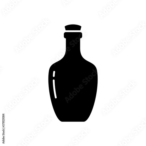 Silhouette Bottle of cognac, rum or liquor. Outline icon of alcohol, beverage. Black simple illustration of rounded glass bottle. Flat isolated vector pictogram, white background