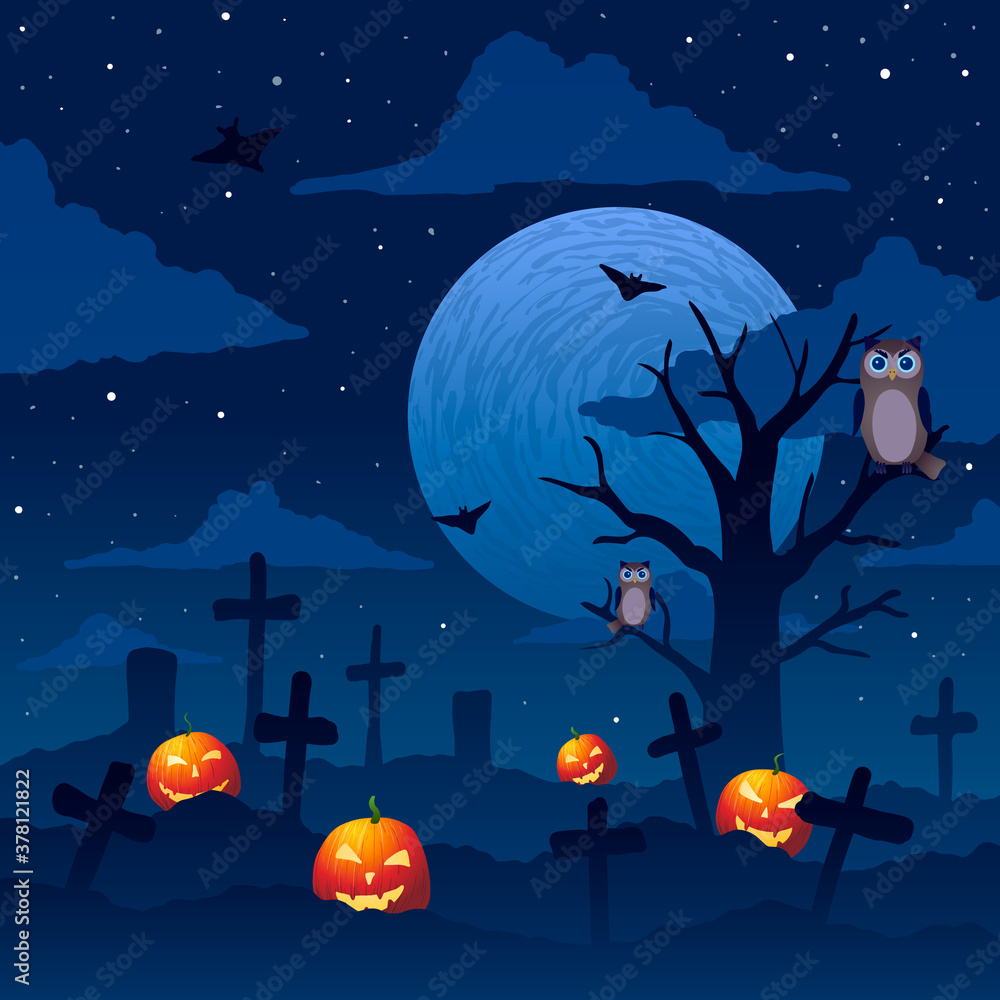 Vector illustration. Halloween. Pumpkin Jack on background of bare tree, cemetery and full moon.