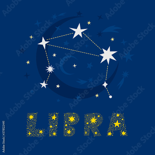 Hand drawn Libra zodiac star constellation design. Abstract map of the night sky with blue background and decorative lettering. Vector isolated illustration for posters, prints, birthday cards. photo