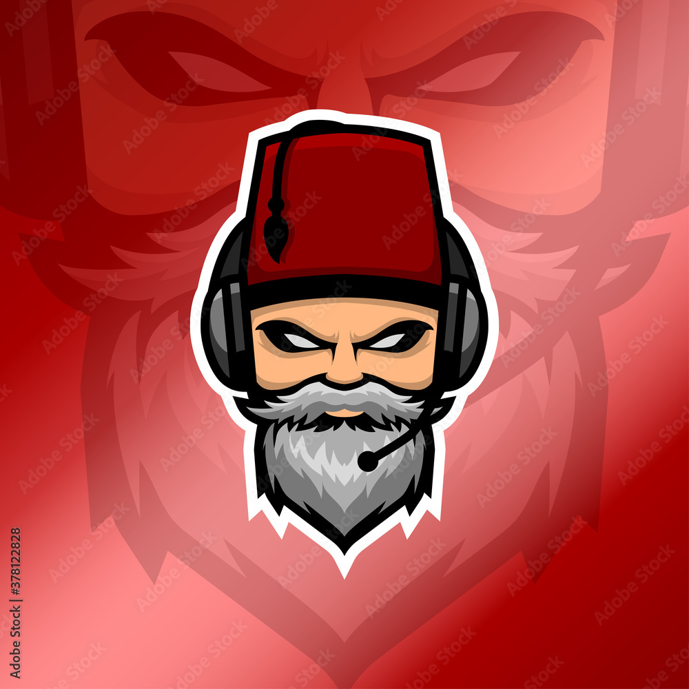 Old beard man esport logo with headset and red fez hat in glossy red gradient background. White beard man logo. Suitable for gaming squad or clan logo