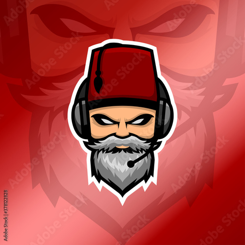Old beard man esport logo with headset and red fez hat in glossy red gradient background. White beard man logo. Suitable for gaming squad or clan logo