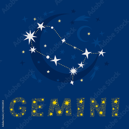 Hand drawn Sagittarius zodiac star constellation design. Abstract map of the night sky with blue background and decorative lettering. Vector isolated illustration for posters, prints, birthday cards. photo